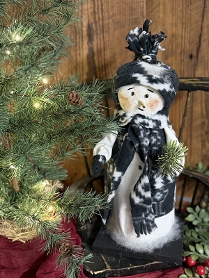 Handmade Snowman in Black & White Fleece with Greens By Deb 14